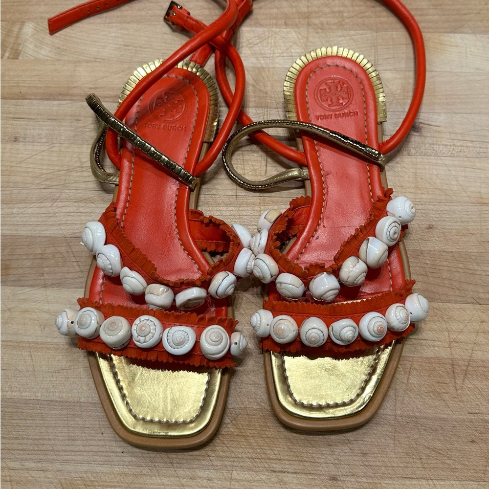 Tory Burch Red and Gold Embellished Sandals
